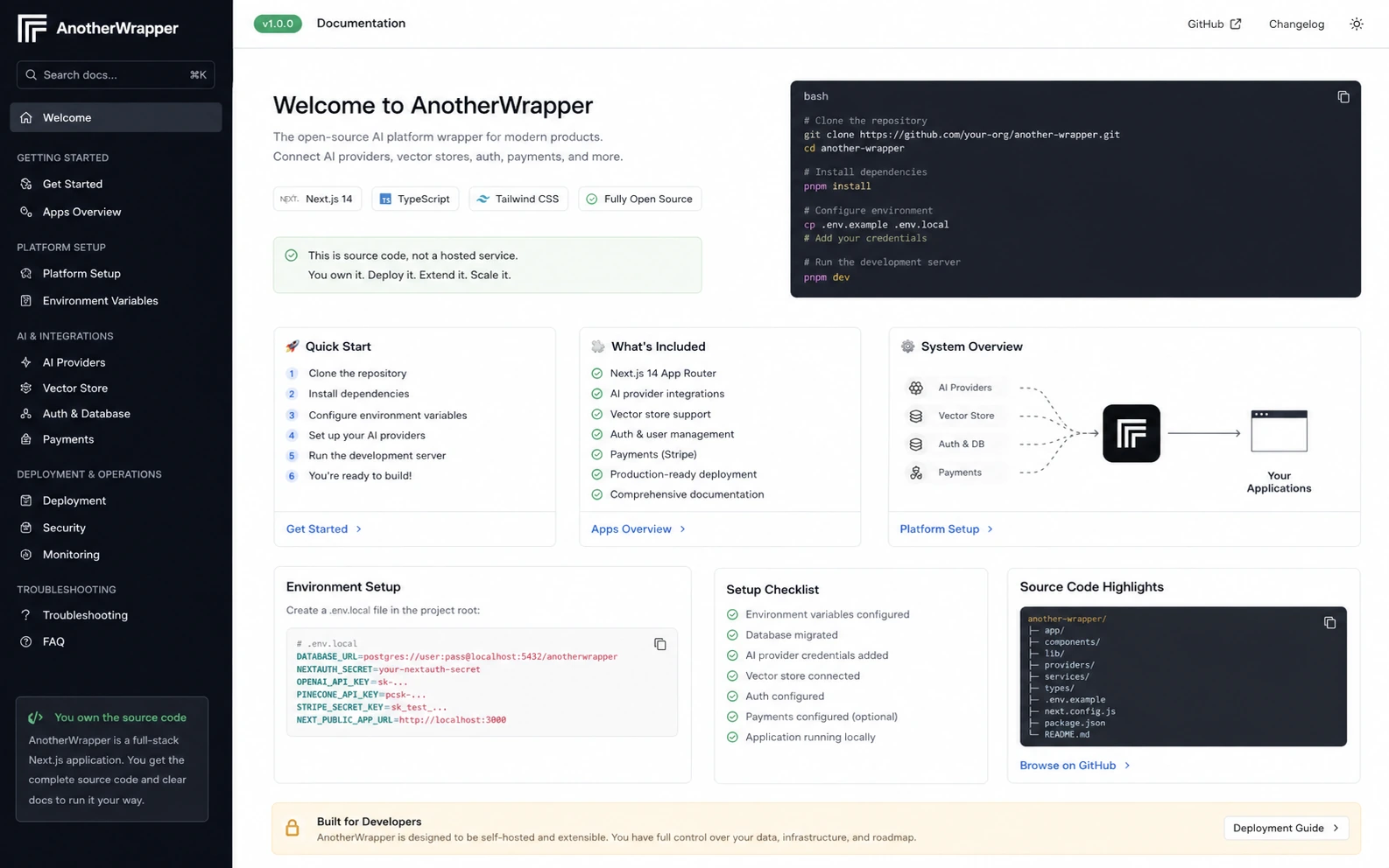 AnotherWrapper: documentation setup path, showing onboarding, app guides, platform setup, providers, payments, and deployment topics