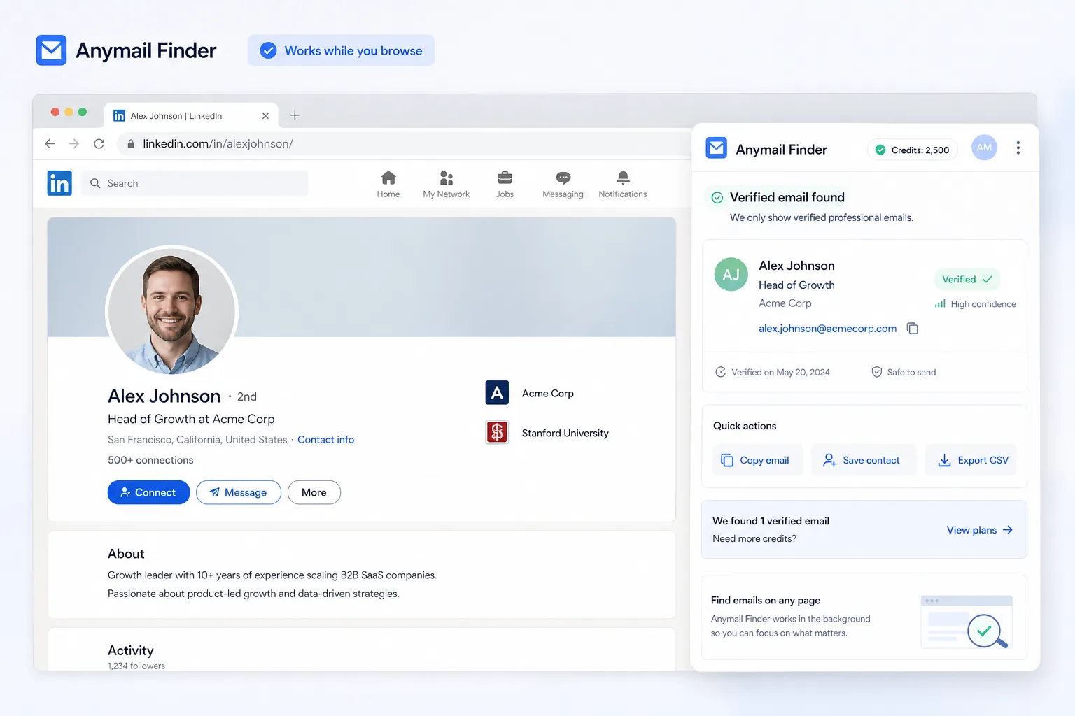 Anymail Finder: Chrome extension listing, showing browser-based email discovery for outreach research