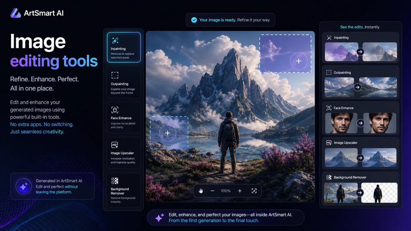 ArtSmart AI: image editing tools, showing inpainting, outpainting, upscaling, face enhancement, and background removal options