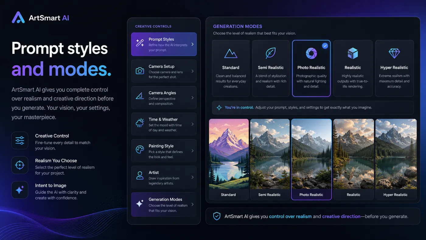 ArtSmart AI: prompt styles and generation modes, showing how buyers choose realism and creative direction before generating images