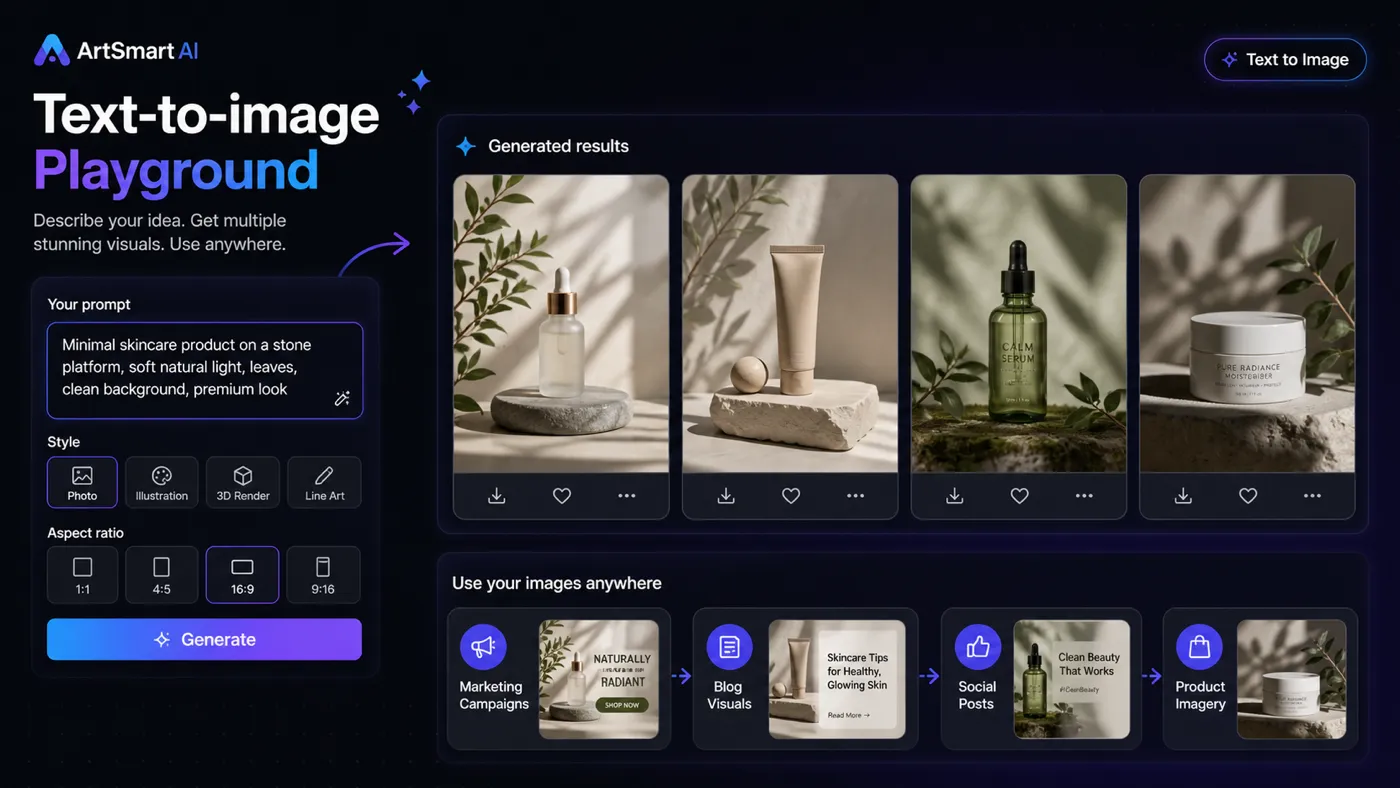 ArtSmart AI: text-to-image playground, showing how a buyer turns a prompt into usable marketing visuals