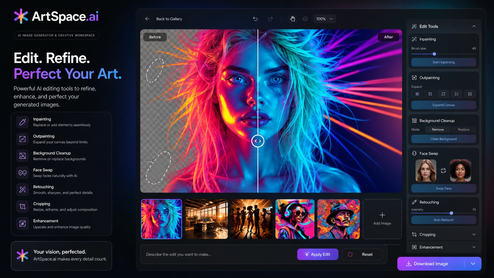 ArtSpace.ai: image editing tools, showing inpainting, outpainting, background work, and face-swap style editing checkpoints
