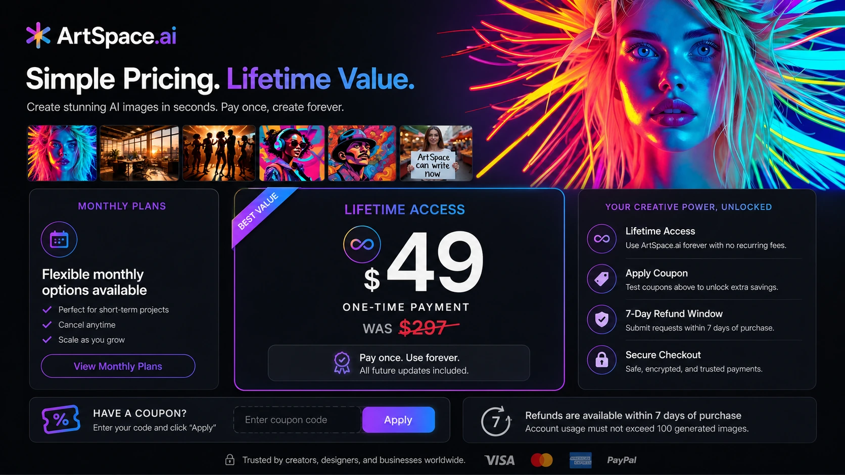 ArtSpace.ai: pricing and lifetime path, showing how buyers compare monthly plans, lifetime access, coupons, and refund timing