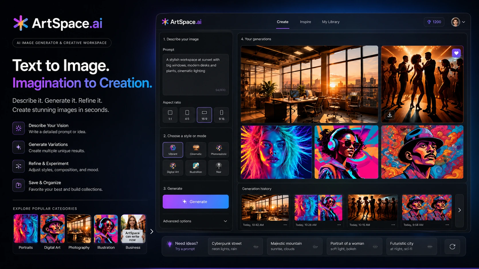 ArtSpace.ai: text-to-image workspace, showing prompt input, style selection, and generated image review for creative buyers
