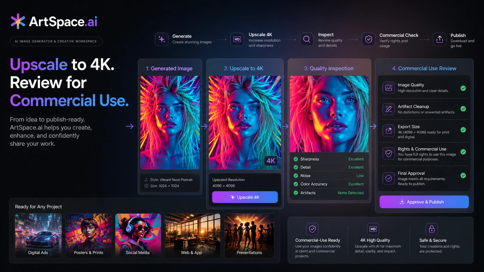 ArtSpace.ai: upscaling and commercial-use checkpoint, showing 4K output review and buyer verification before publishing AI images