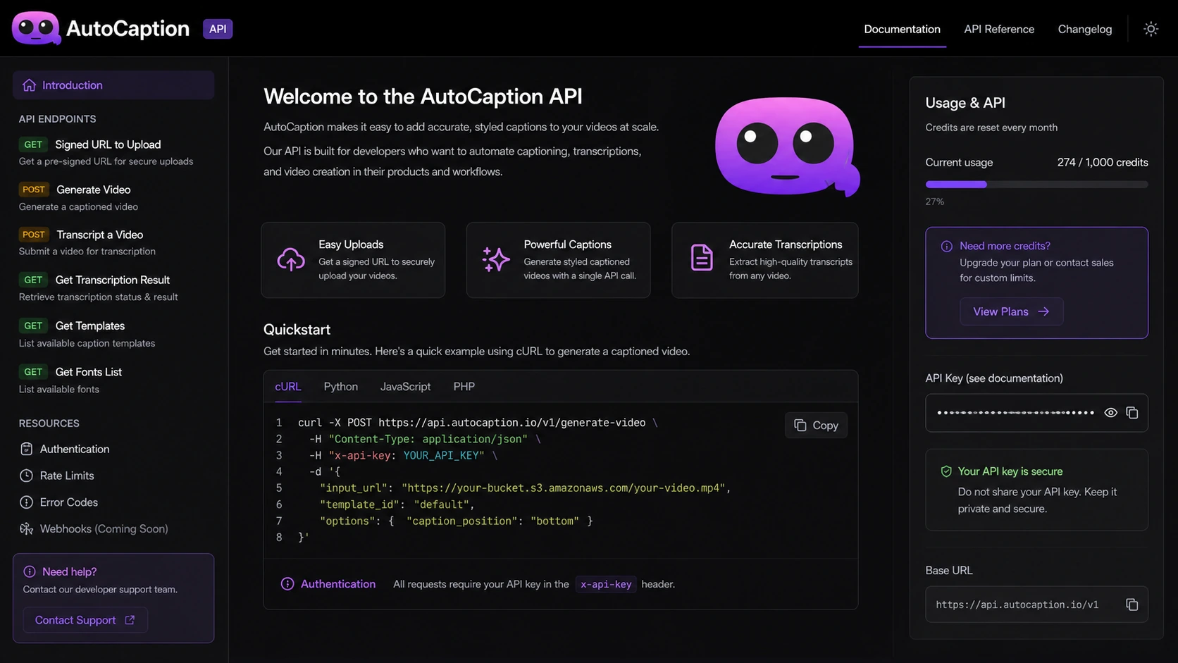 AutoCaption: API documentation, showing how technical buyers check integration options before subscribing