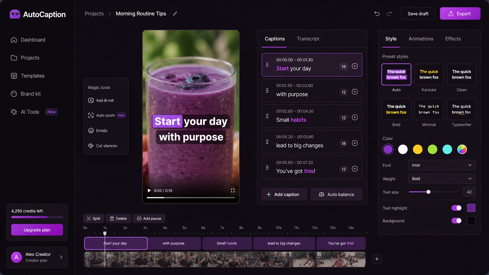 AutoCaption: caption editor, showing how buyers review generated subtitles before exporting a short-form video