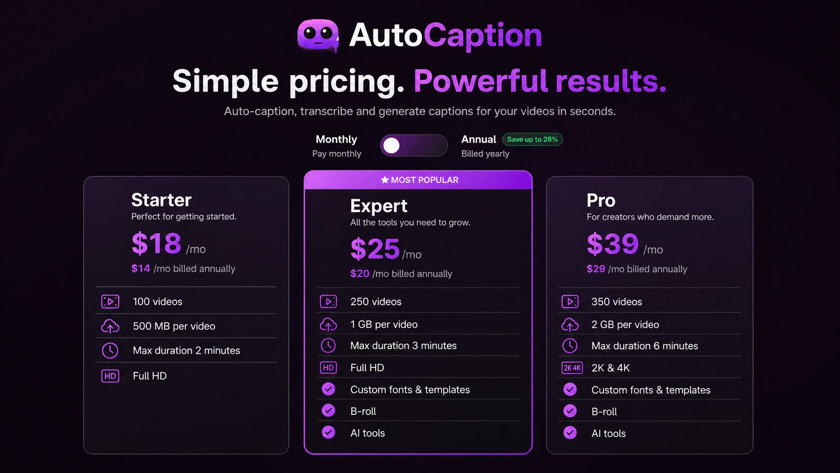 AutoCaption: pricing plans, showing video limits, upload limits, and duration limits before checkout
