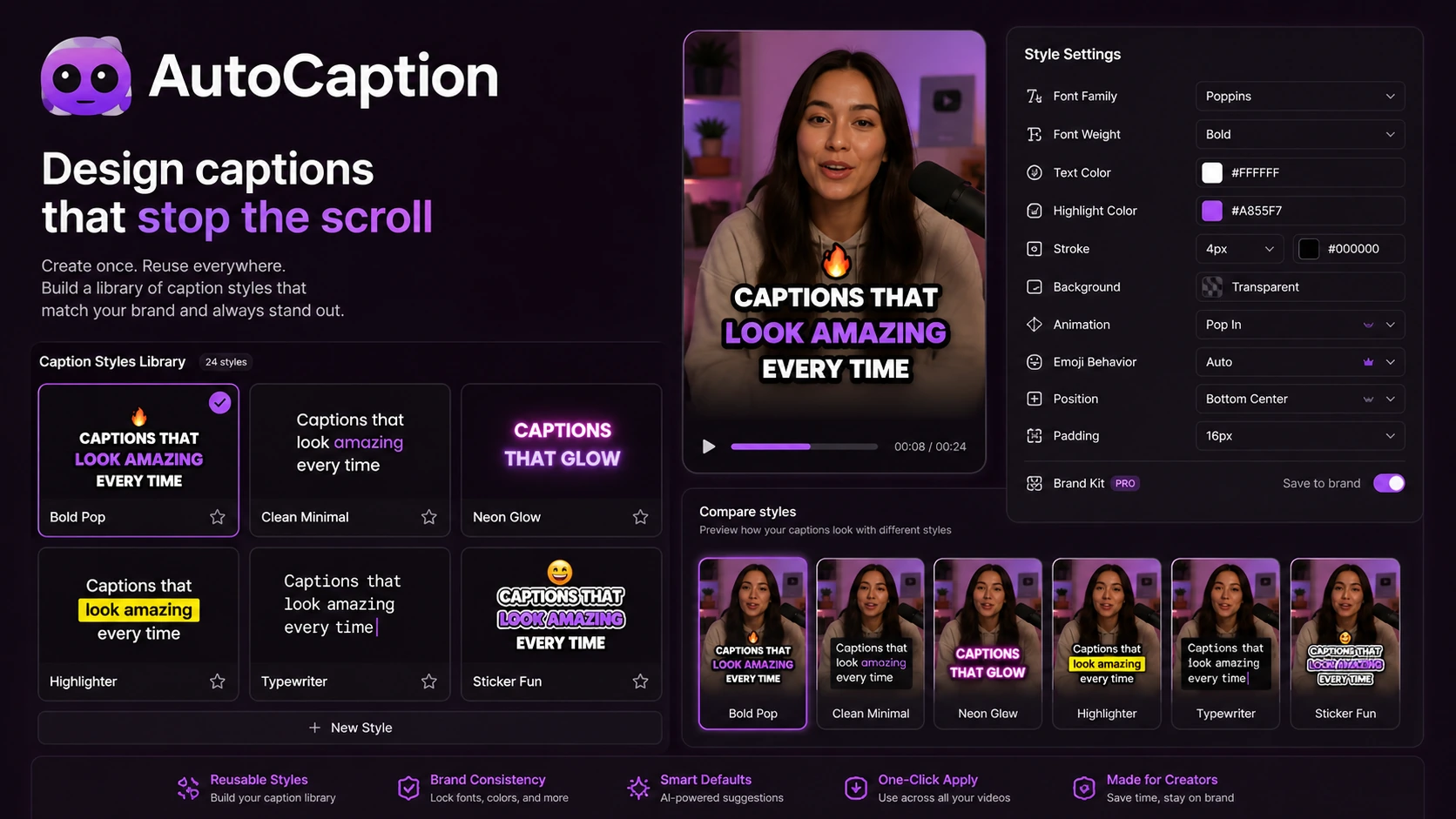 AutoCaption: template styling controls, showing how creators compare caption looks and reusable visual styles