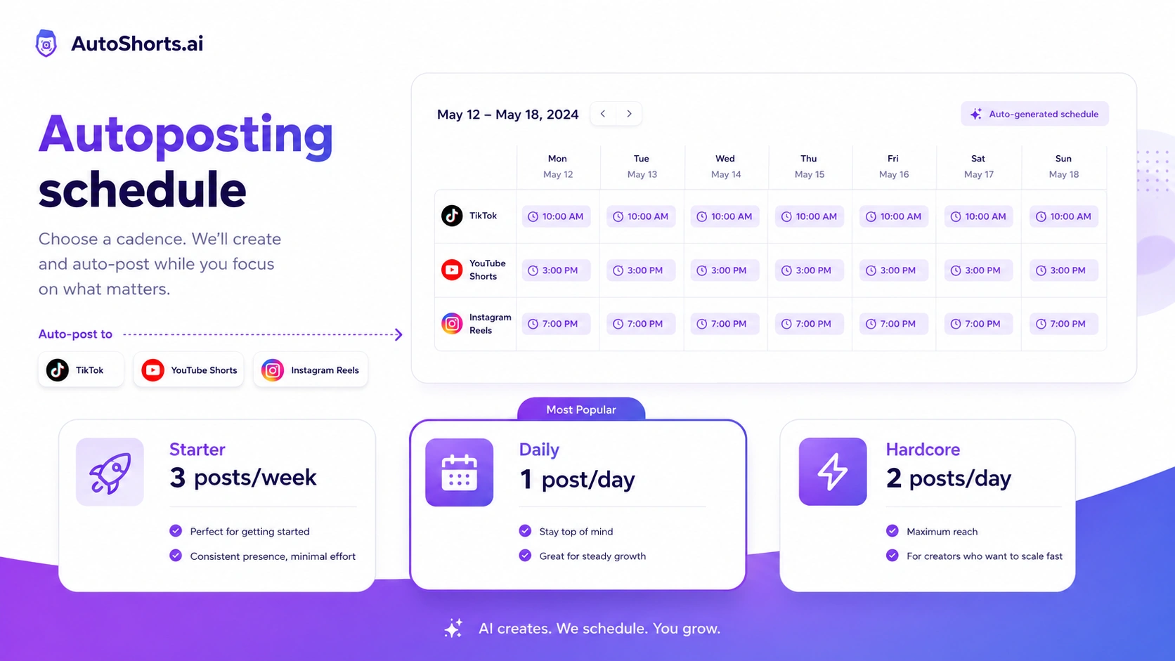 AutoShorts.ai: autoposting schedule, showing posting cadence choices for TikTok and YouTube Shorts