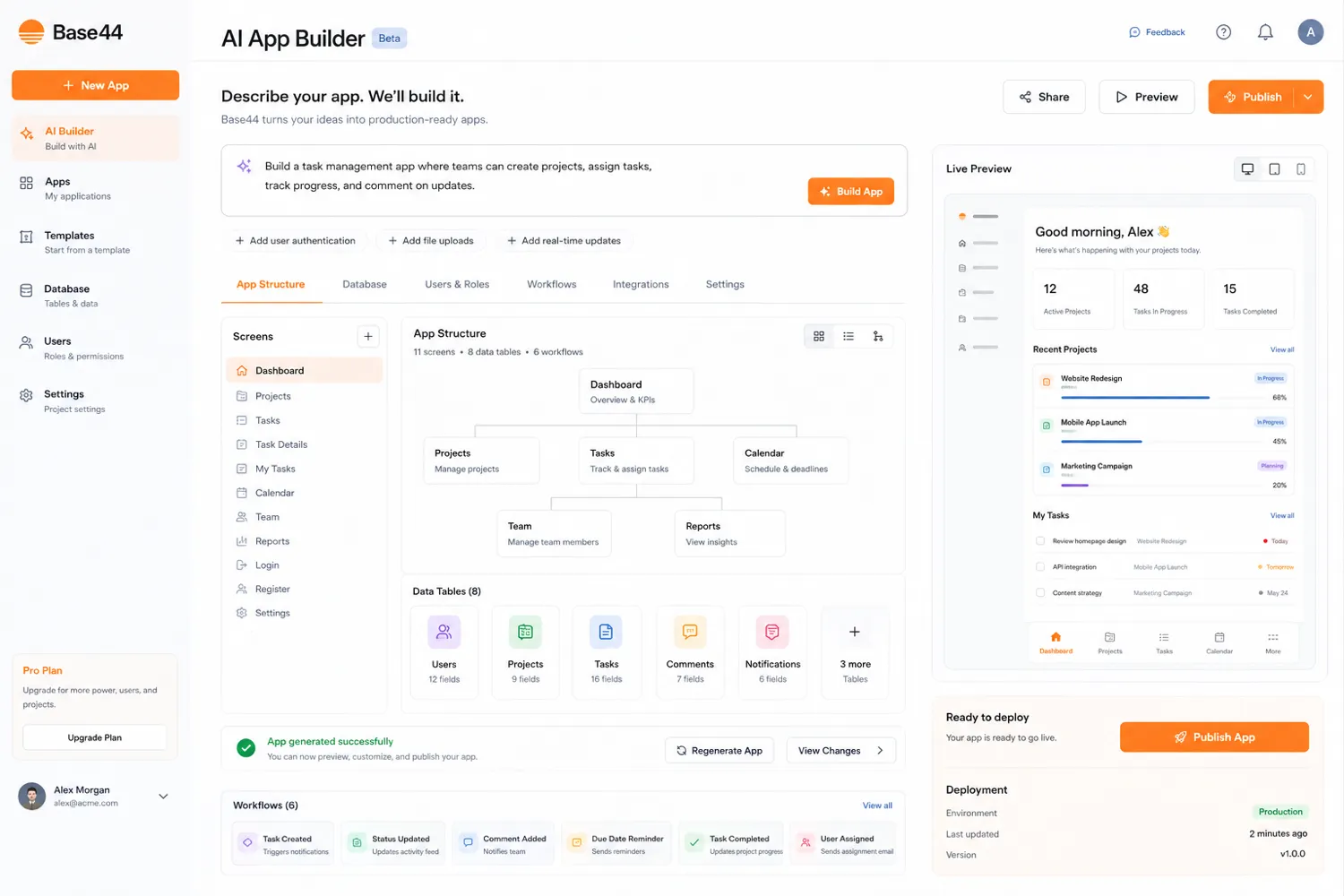 Base44: app builder interface, showing how a buyer turns a plain-language prompt into a working app workflow