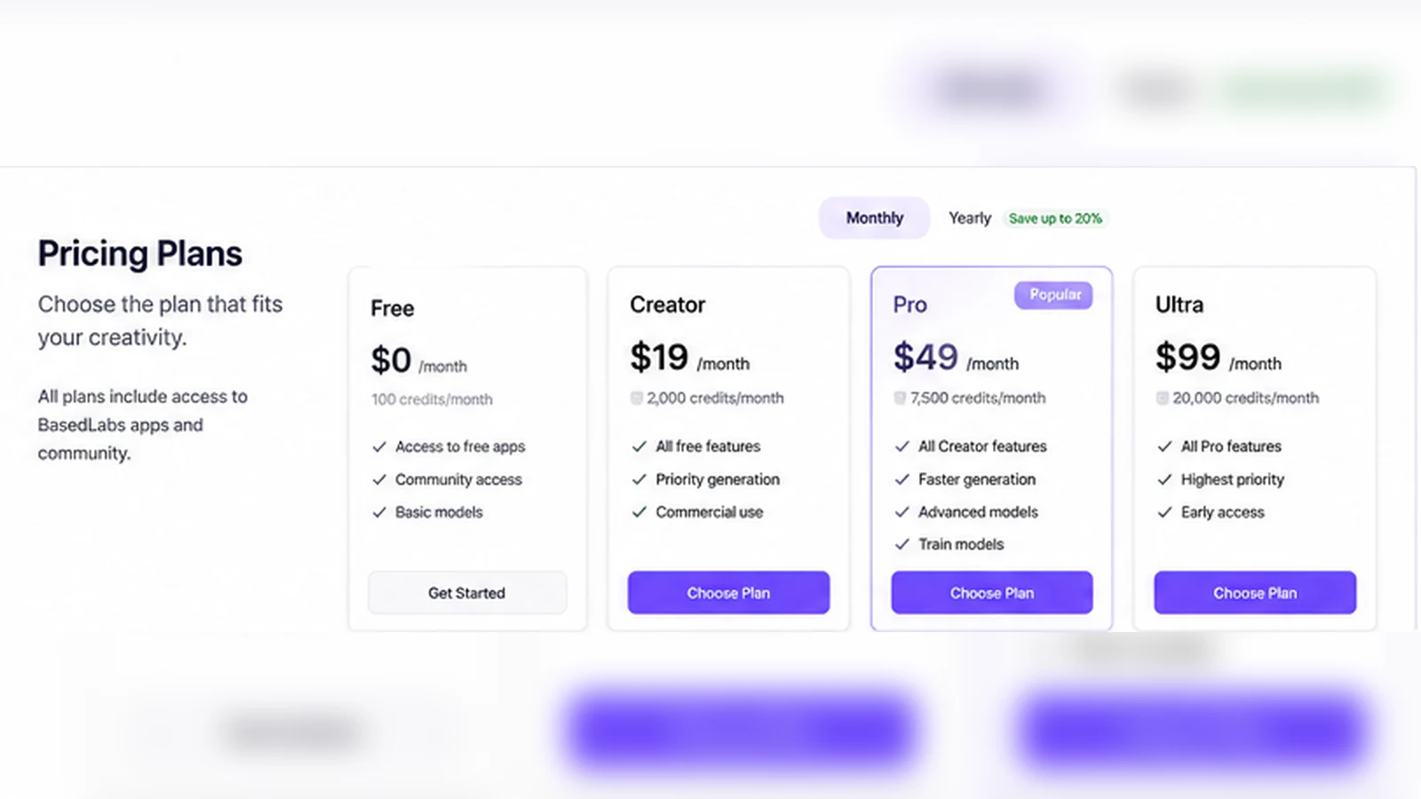 BasedLabs: pricing credit packs, showing Starter, Creator, Pro, and Studio options for credit-based buying