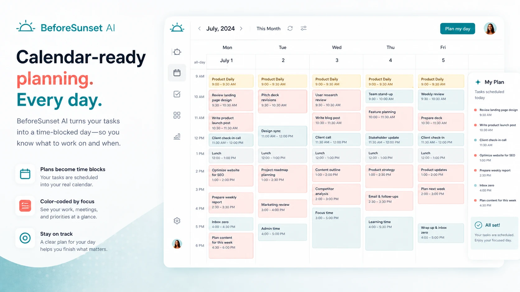 BeforeSunset AI: calendar-ready schedule, showing how planned tasks fit into a time-blocked workday