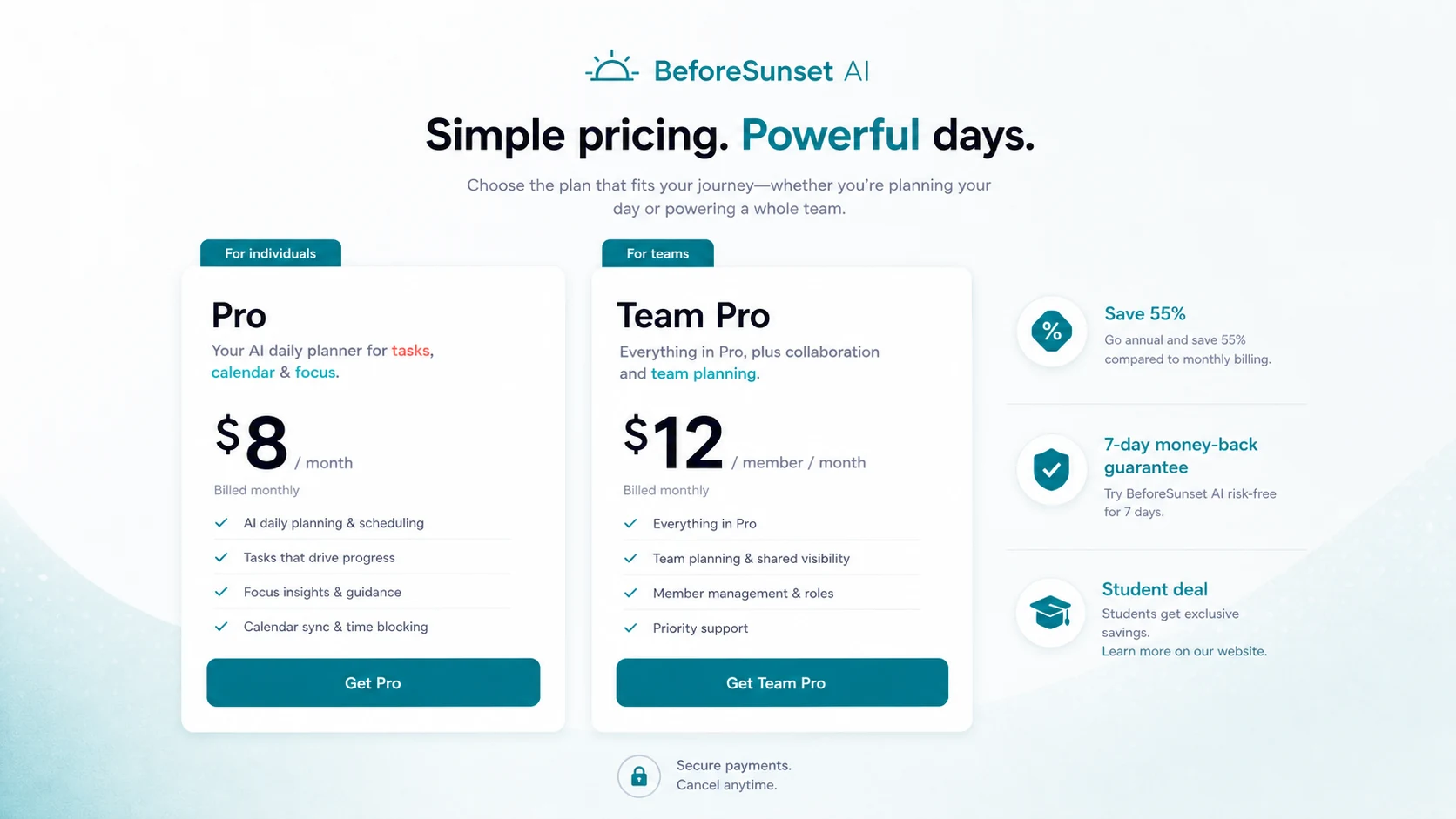 BeforeSunset AI: pricing plans, showing Pro and Team Pro choices for personal and team planning