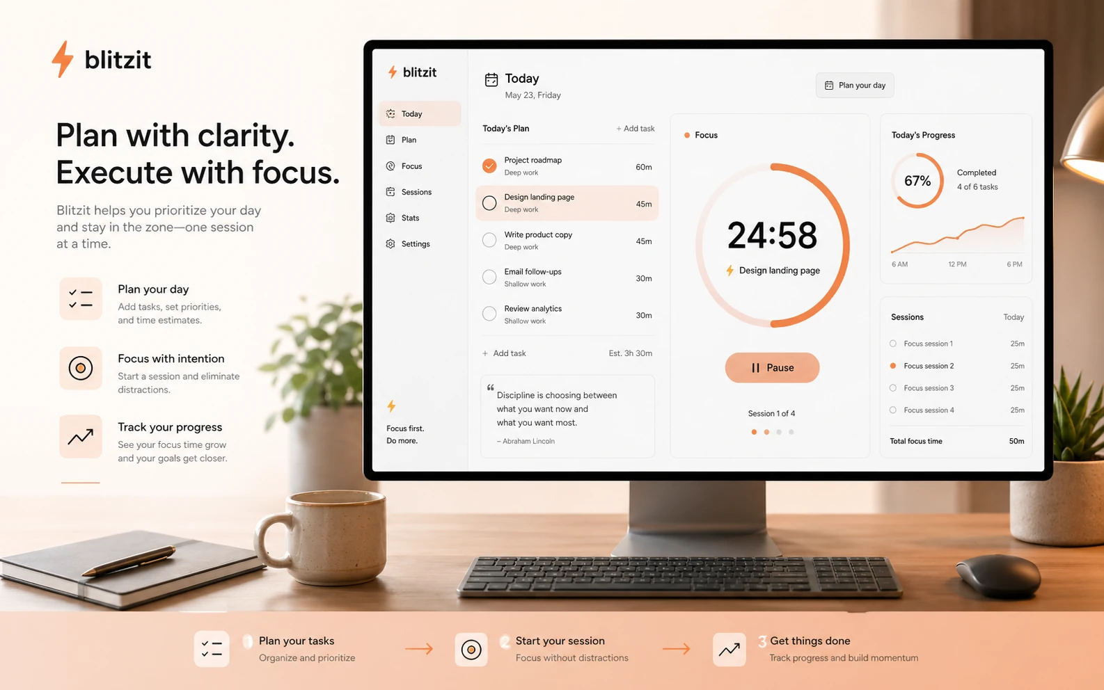 Blitzit: daily task list and visible timer, showing how a buyer moves from planning into focused execution