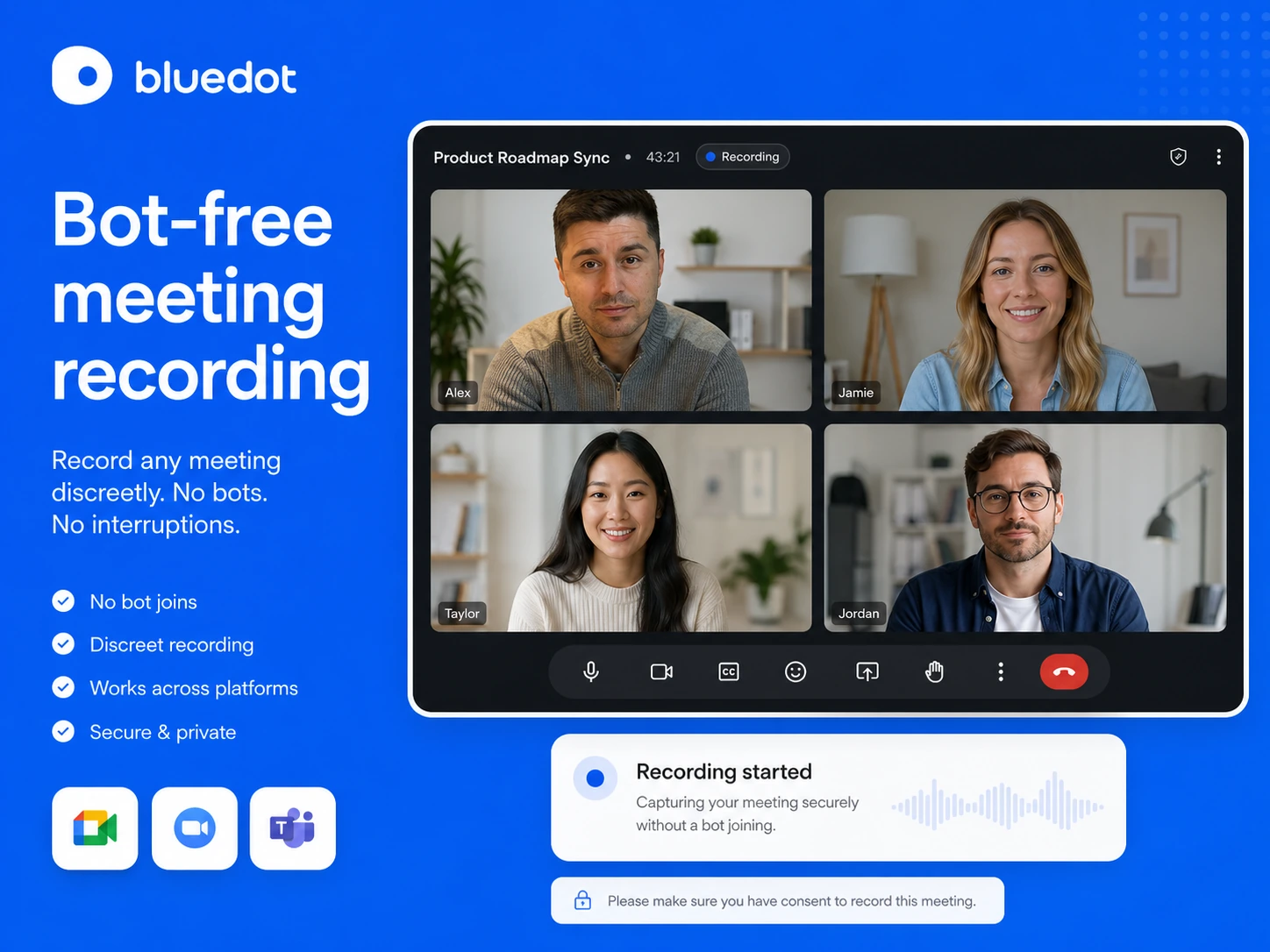 Bluedot: bot-free meeting recorder, showing how buyers capture meetings without adding a visible meeting bot