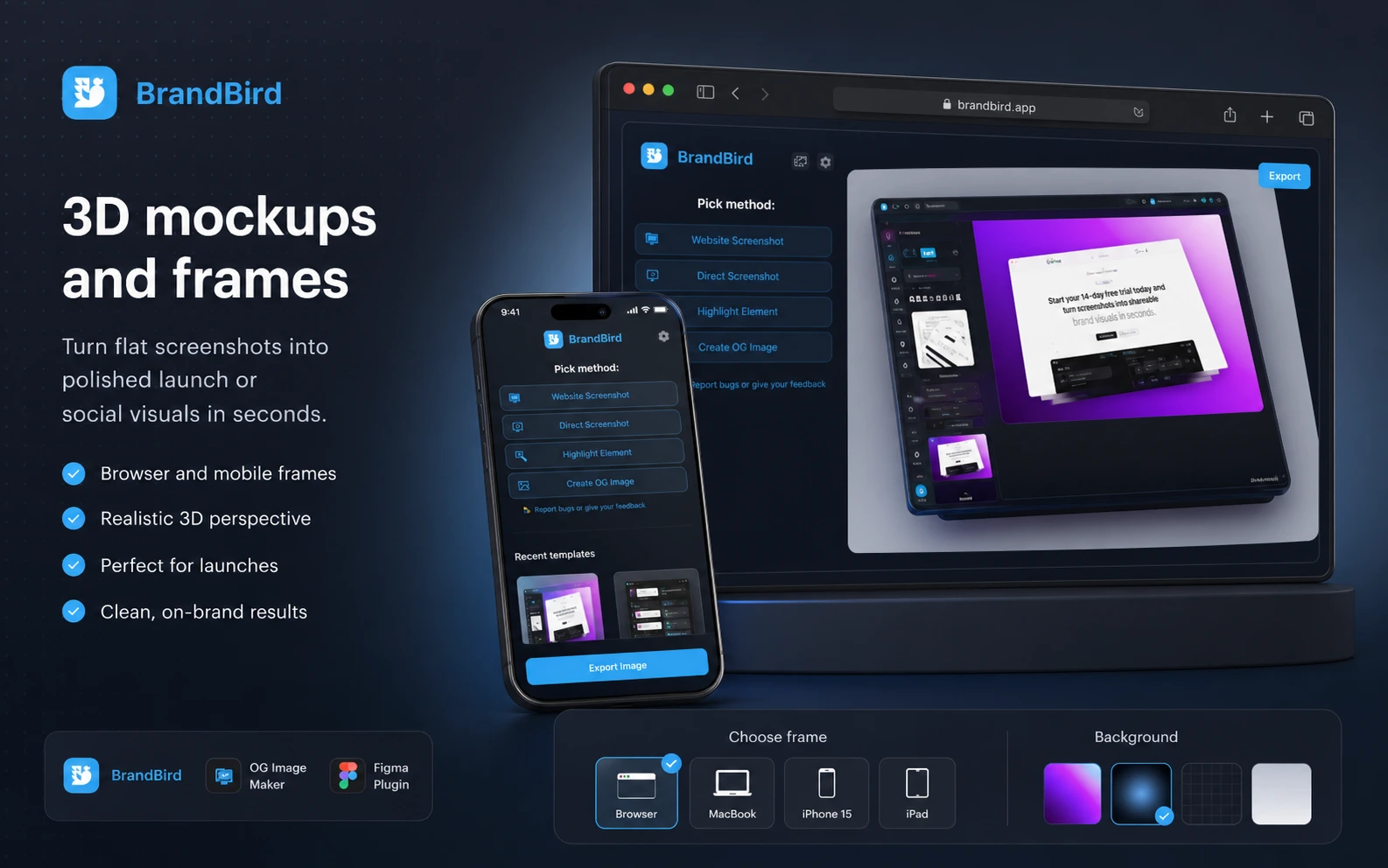 BrandBird: 3D mockups and device frames, showing how SaaS founders present product screens with depth and polish