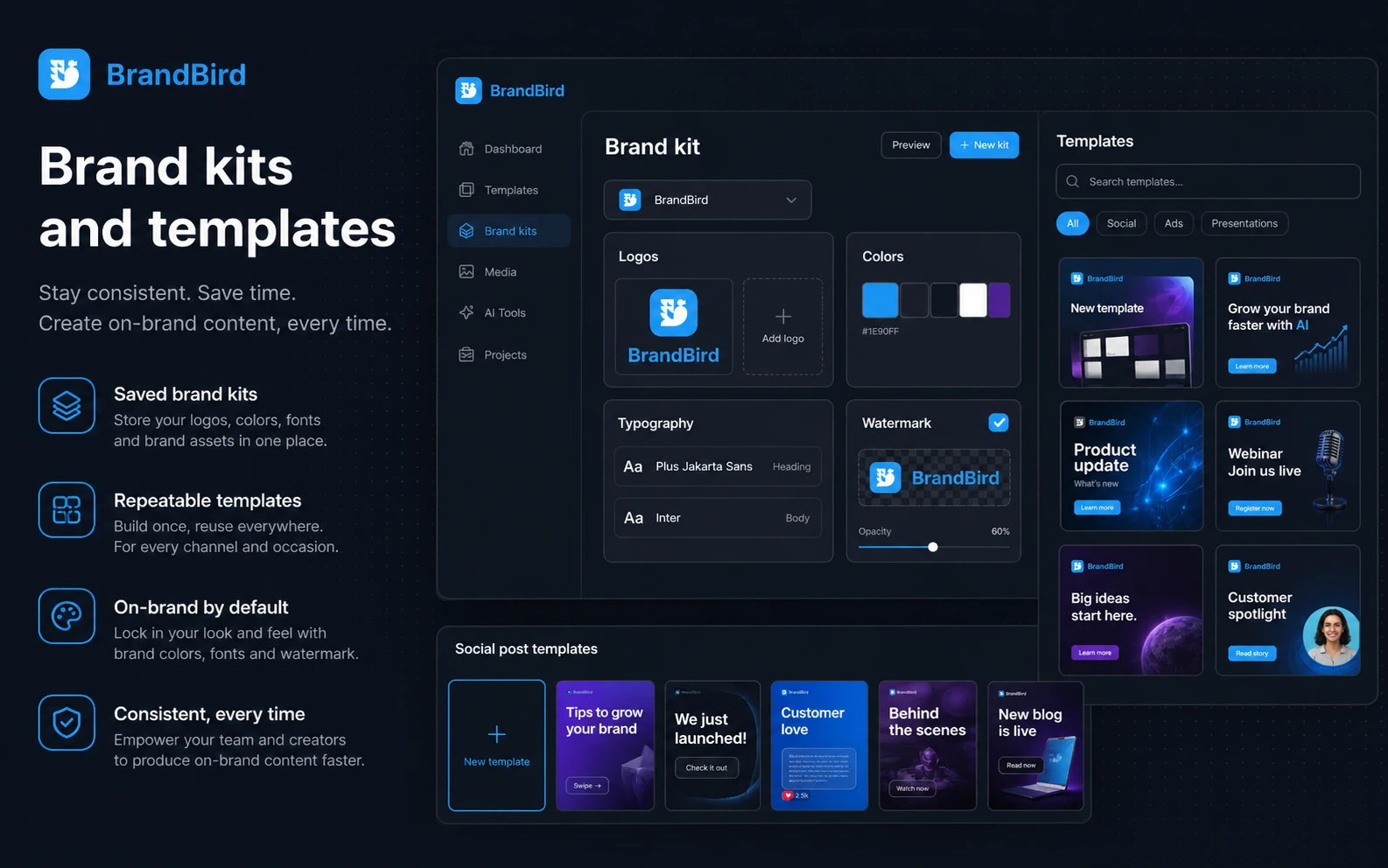 BrandBird: brand kits and saved templates, showing how marketers keep screenshot graphics consistent across channels