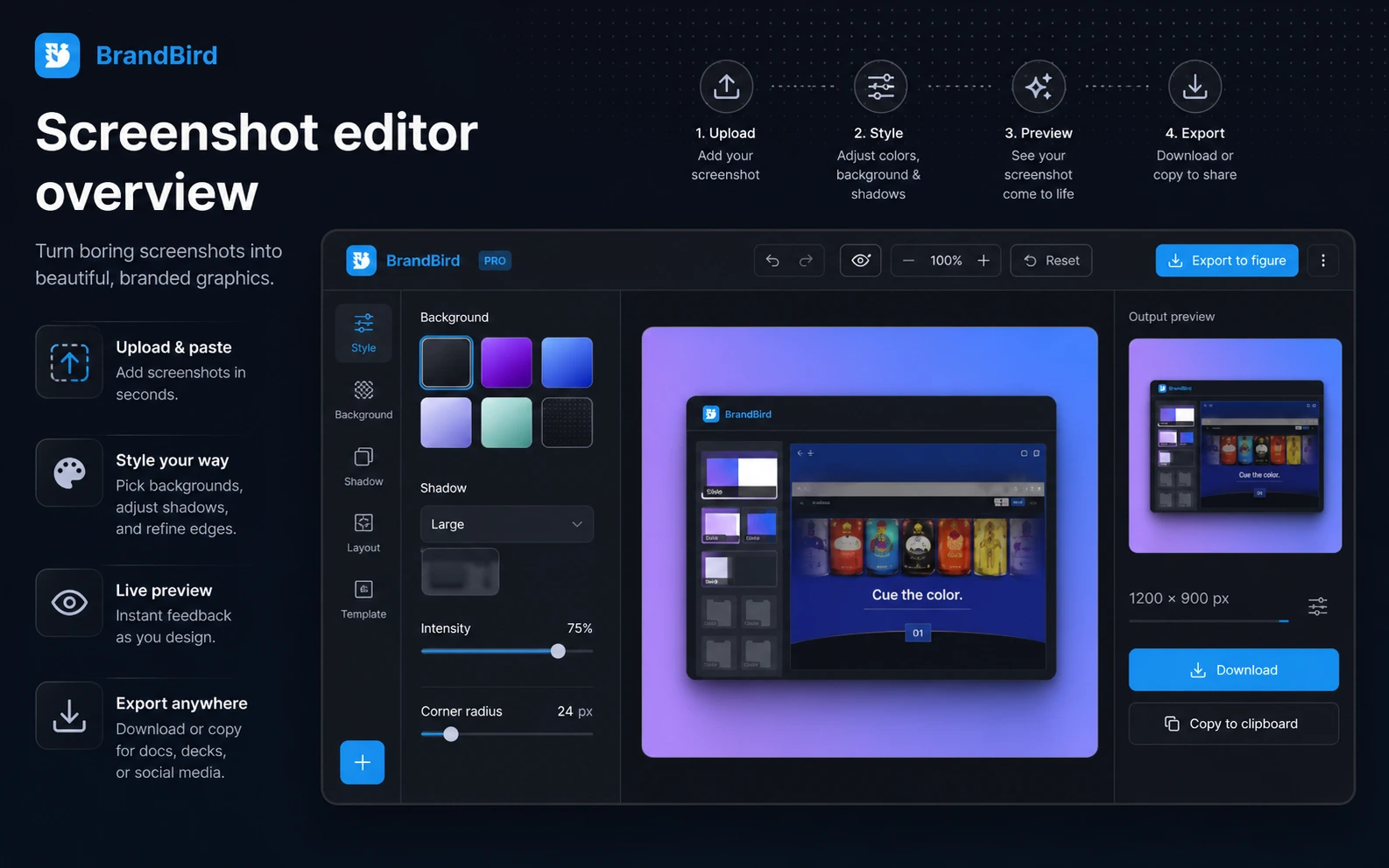 BrandBird: screenshot editor overview, showing how creators turn product screenshots into polished social graphics