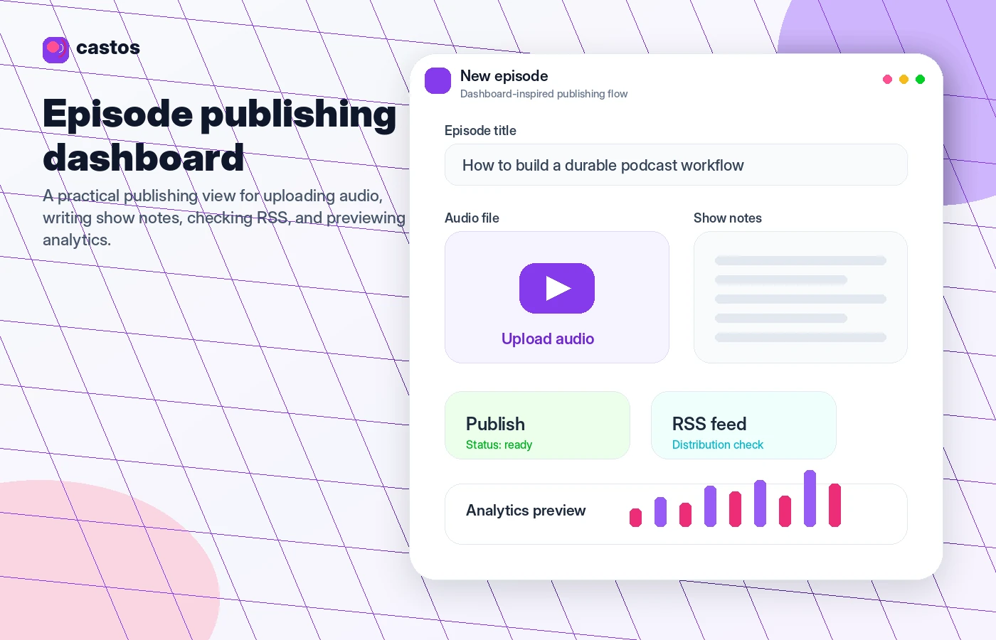 Castos Podcast: episode publishing dashboard, showing how a buyer uploads and prepares a podcast episode