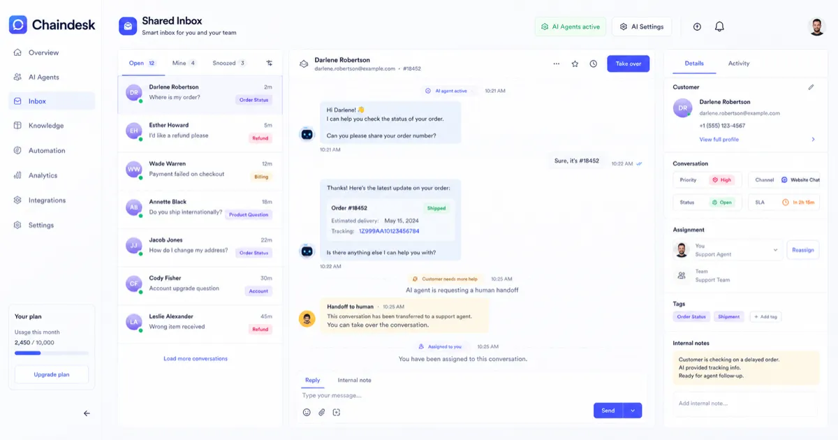 Chaindesk: shared inbox and human handoff view, showing how a team takes over conversations when automation is not enough