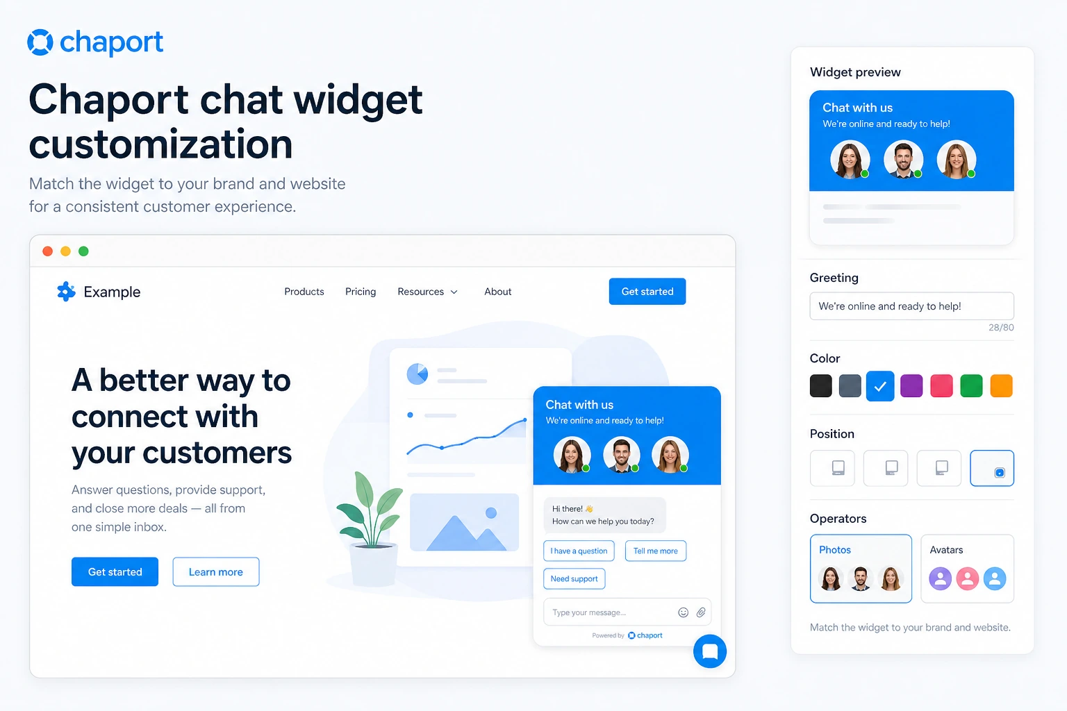 Chaport: chat widget customization, showing branding and visitor-facing chat settings for website fit