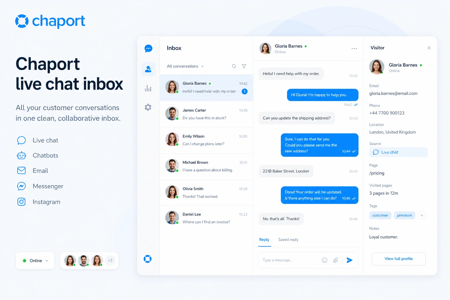Chaport: live chat inbox, showing how support operators manage visitor conversations before choosing a plan