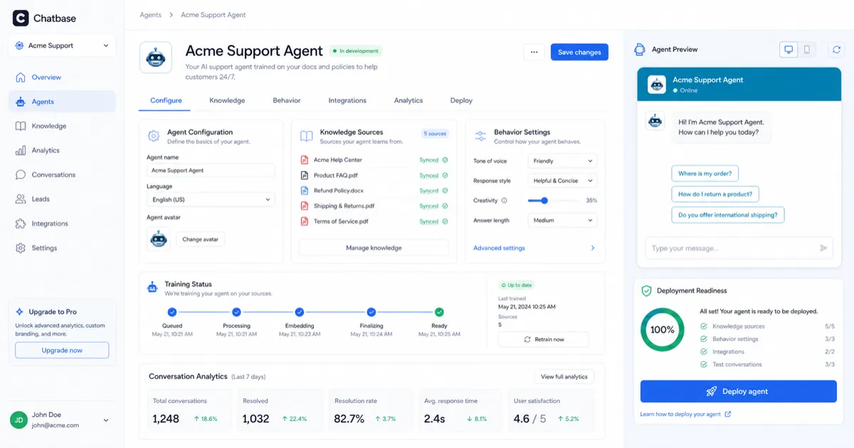 Chatbase: AI agent dashboard, showing how a buyer can build and manage a support agent before deployment