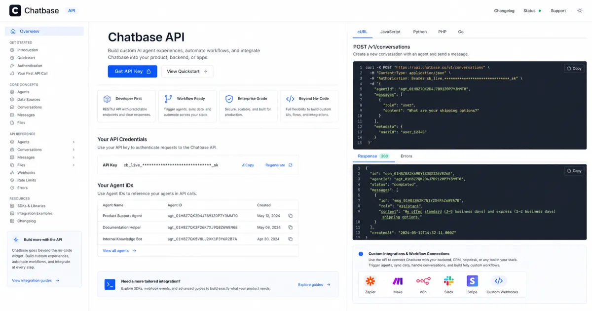 Chatbase: API integration documentation, showing the developer path for custom agent workflows