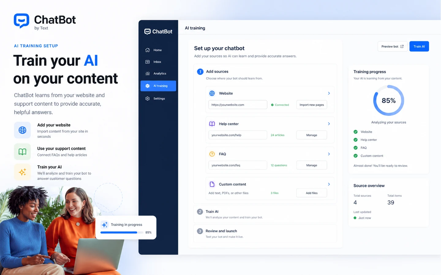 ChatBot: AI training setup, showing how buyers can train the chatbot from website and support content before launch