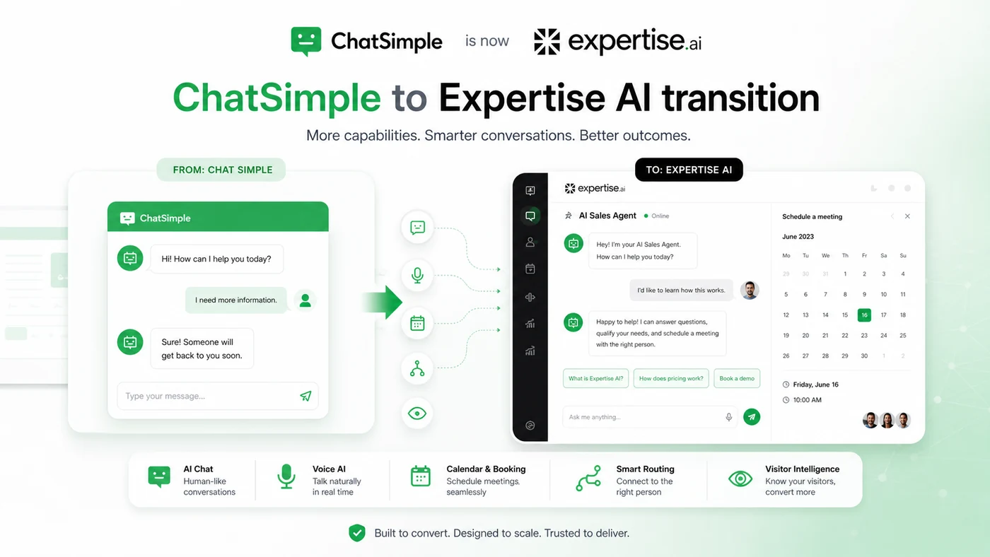 ChatSimple: Expertise AI transition page, showing how the older chatbot product now maps to a demand conversion AI agent