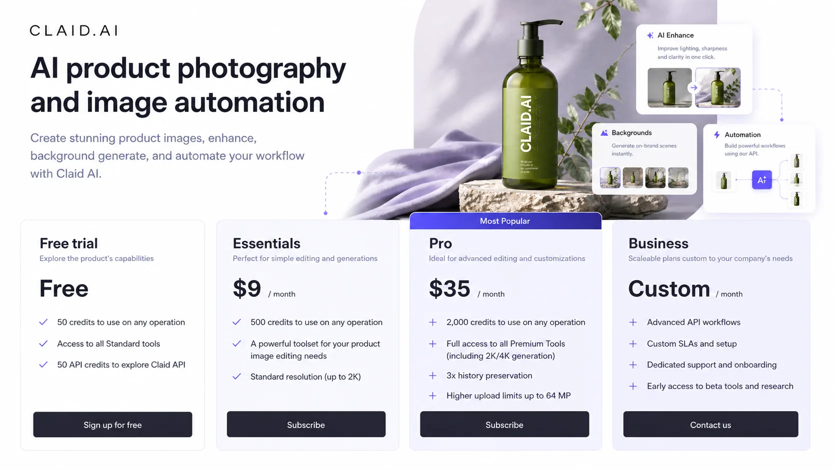 Claid AI: credit pricing overview, showing how plan capacity affects product image volume