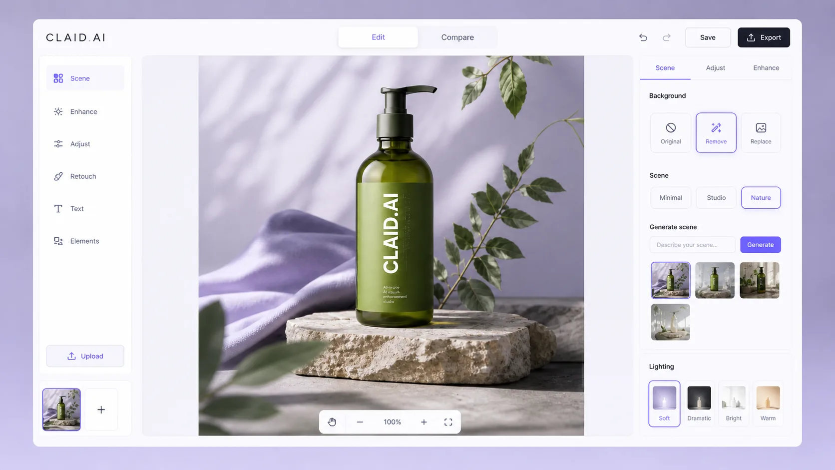 Claid AI: product photo editor, showing how a buyer enhances and stages ecommerce images
