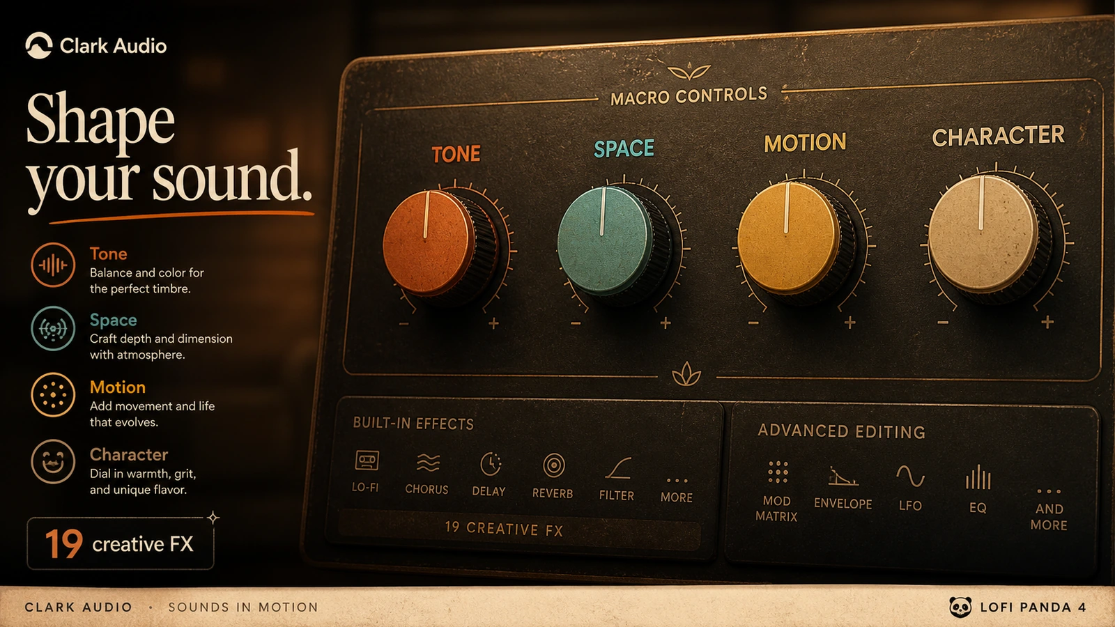Clark Audio: built-in effects and sound controls, showing how a producer shapes tone, space, motion, and character