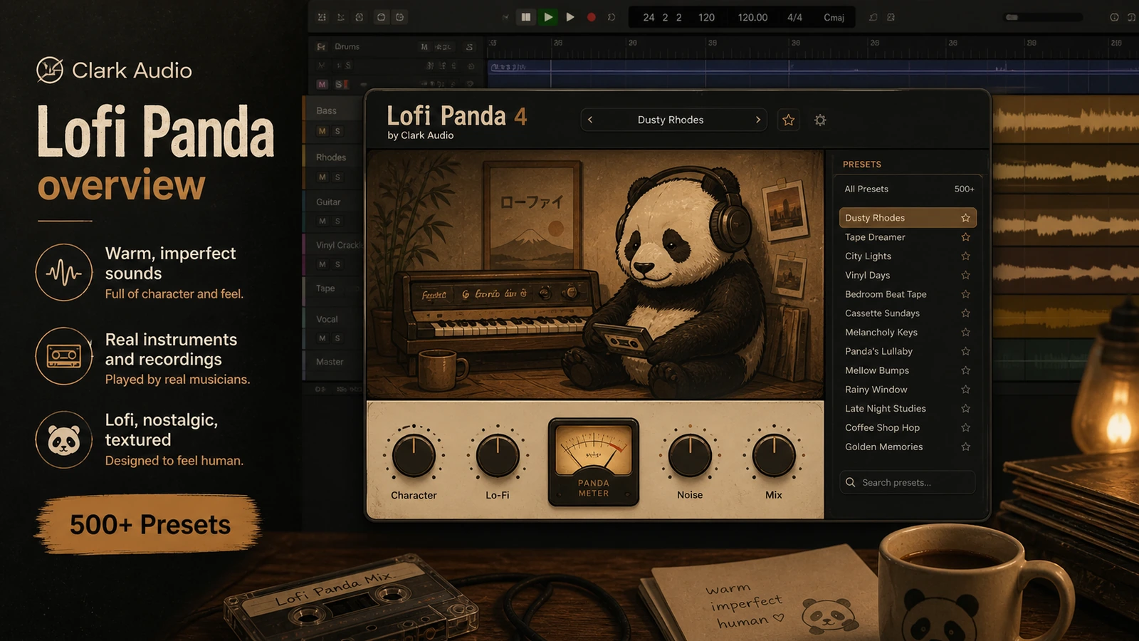 Clark Audio: Lofi Panda plugin overview, showing the buyer how the main instrument presents its sound library and controls