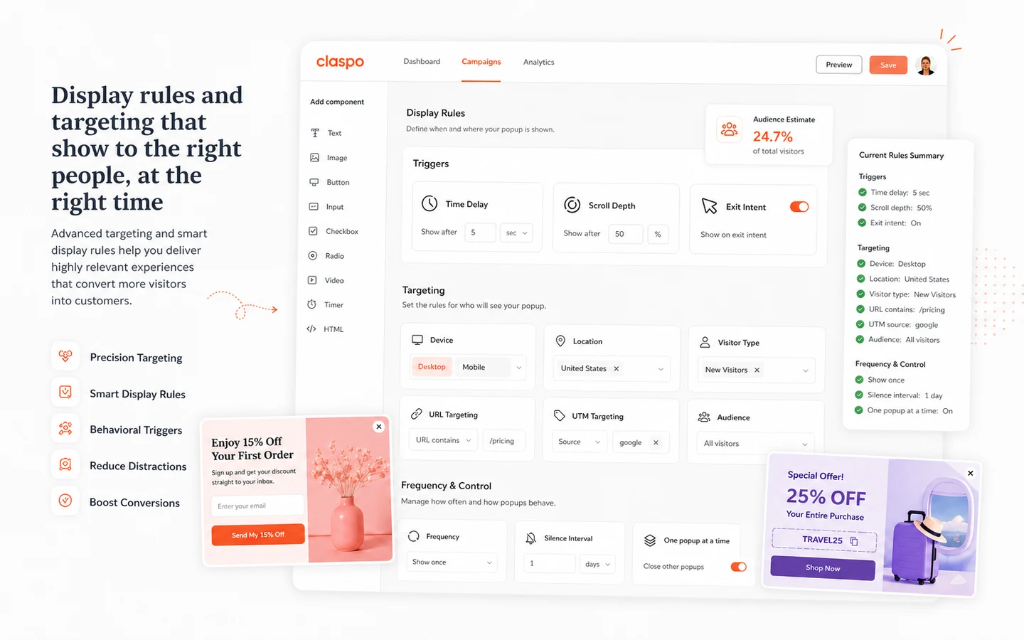 Claspo: display rules, showing targeting, timing, and behavior controls for onsite campaigns