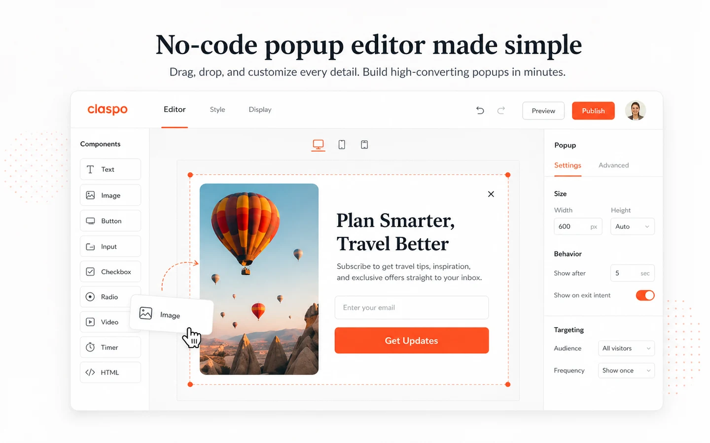 Claspo: popup editor overview, showing how a buyer builds and adjusts an onsite widget before publishing