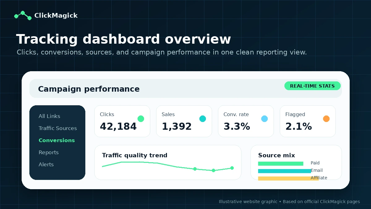 ClickMagick: tracking dashboard, showing how a marketer reviews clicks, conversions, traffic sources, and campaign performance