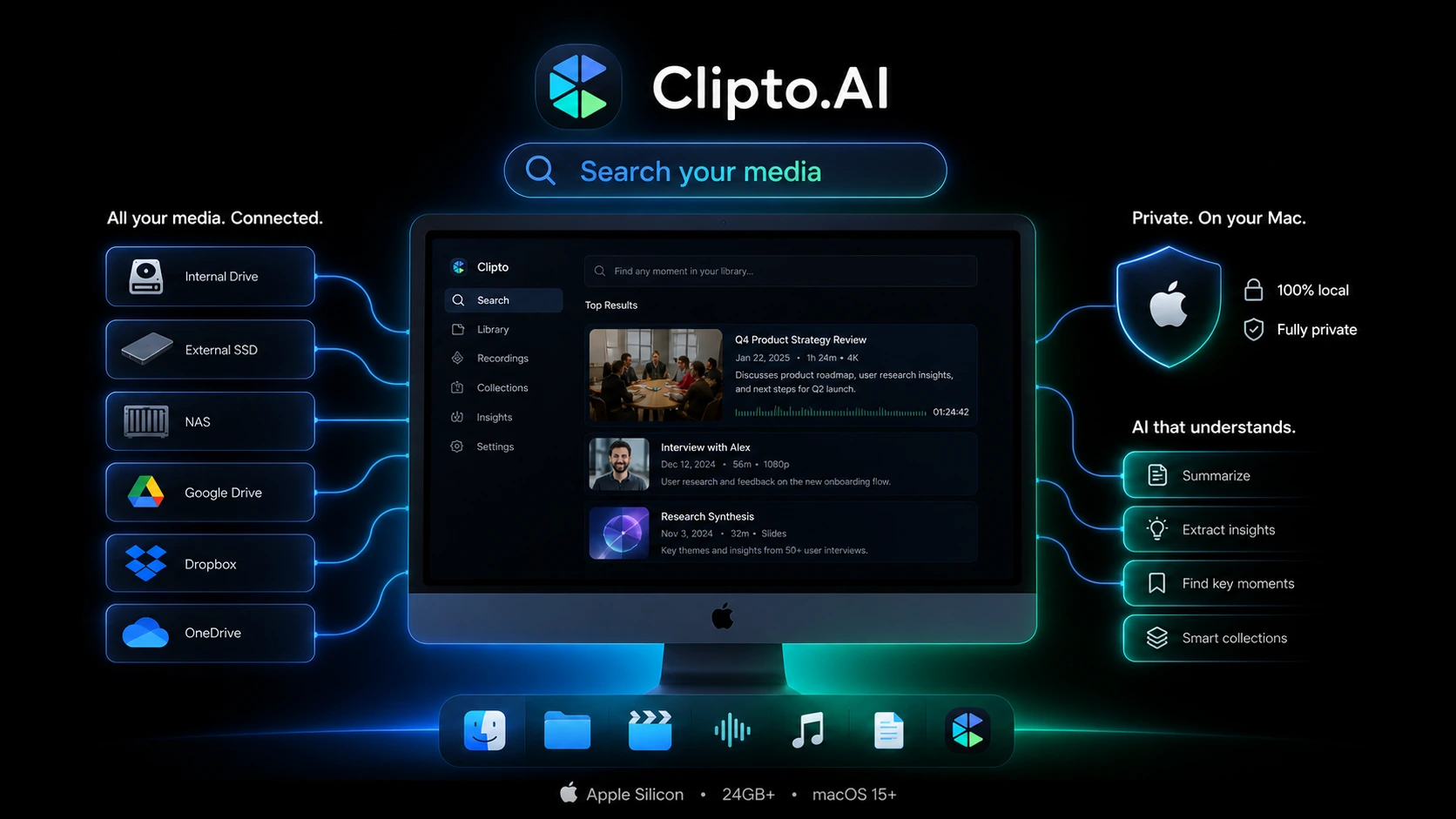 Clipto.AI: local Mac media assistant, showing how a buyer checks device requirements and private on-device search fit