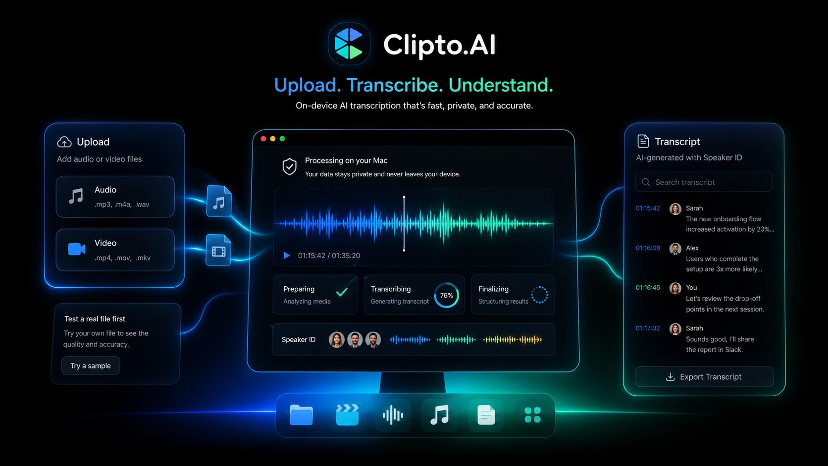 Clipto.AI: upload and transcription flow, showing how a buyer tests a real audio or video file before paying