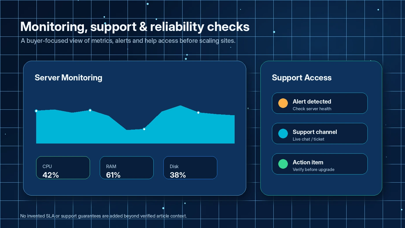 Cloudways: support and monitoring area, showing how buyers can track server health and request help