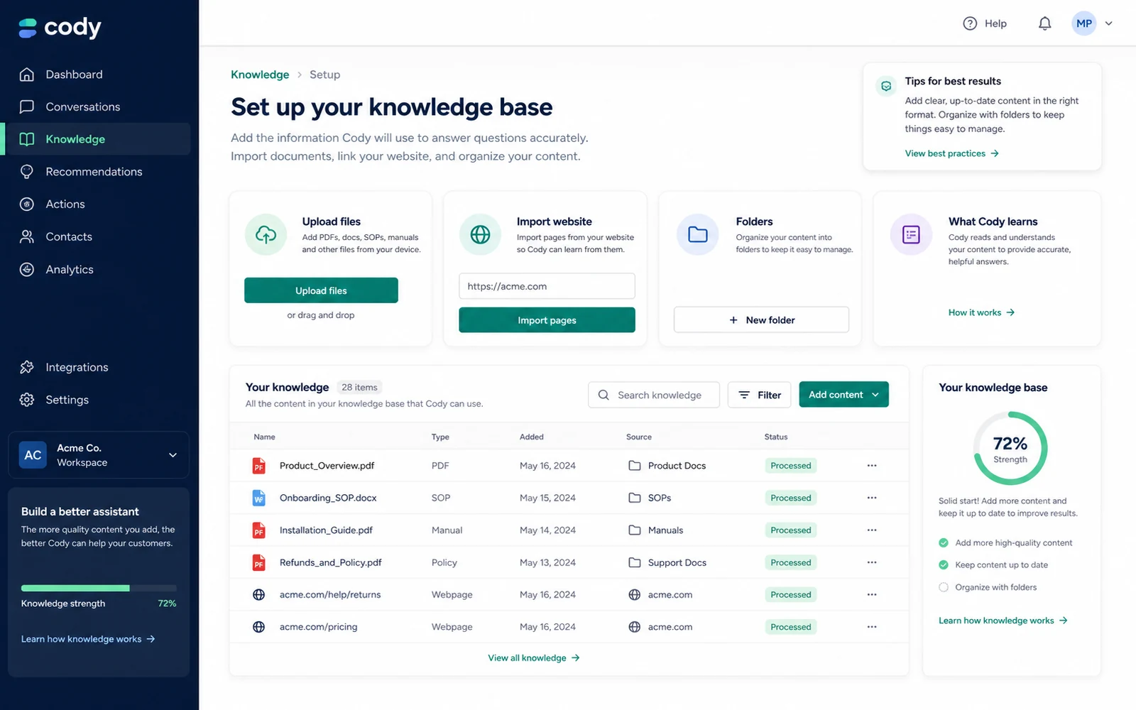 Cody: knowledge base setup, showing how a buyer uploads business documents before testing answer quality