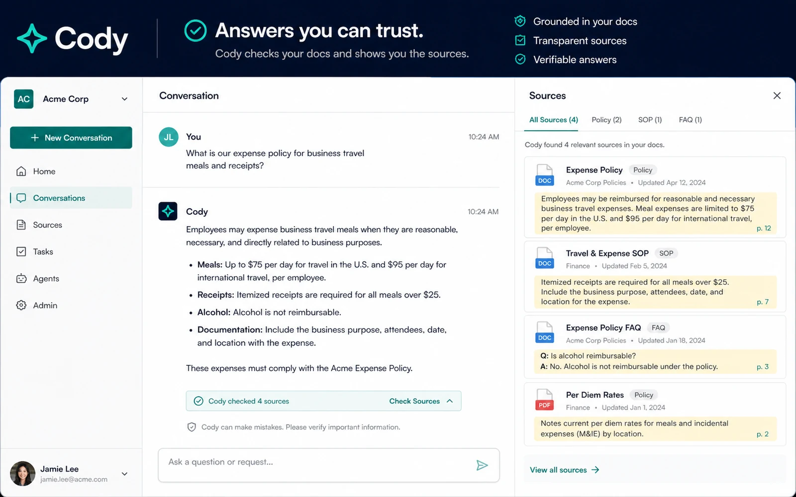 Cody: source checking, showing how a buyer reviews where an AI answer came from before trusting it
