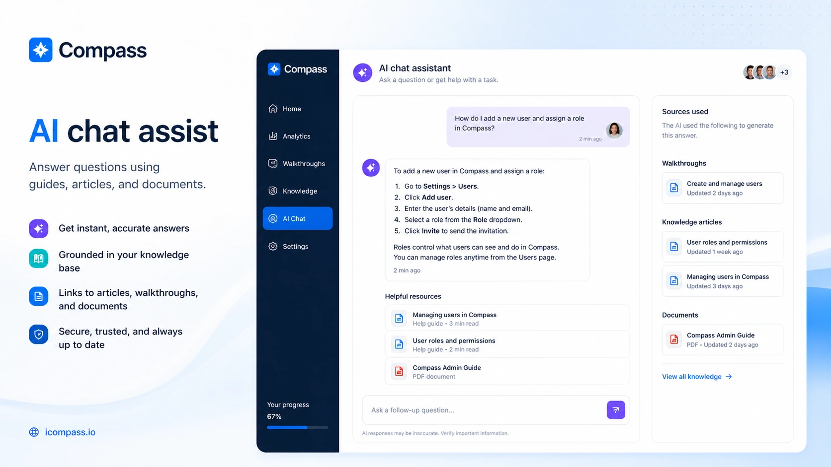 Compass: AI chat assist, showing how users can ask questions based on guides, articles, and documents