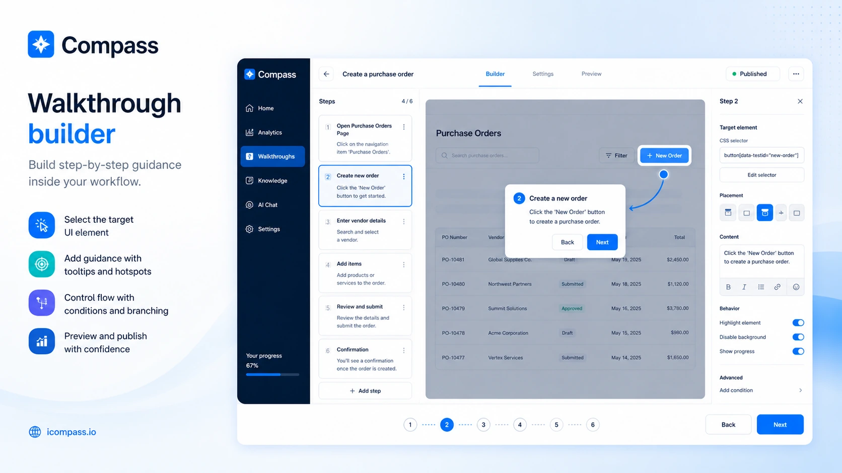 Compass: walkthrough builder, showing how a buyer creates guided steps for software onboarding