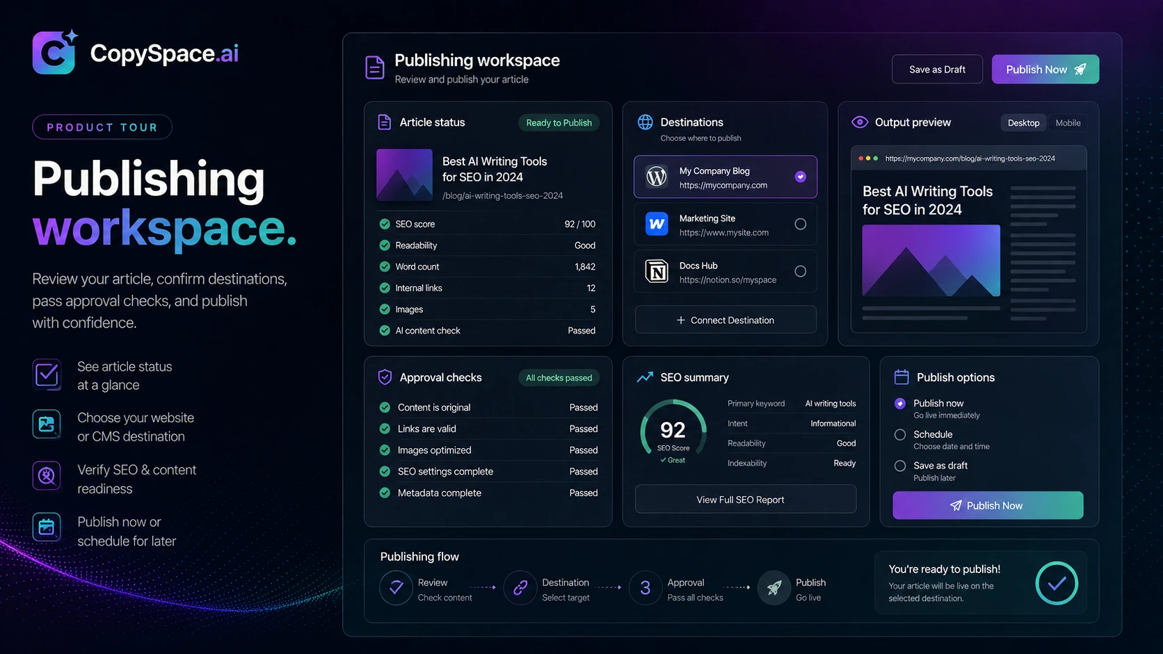 CopySpace.ai: publishing workspace, showing how a buyer checks website and content output options before sending an article live