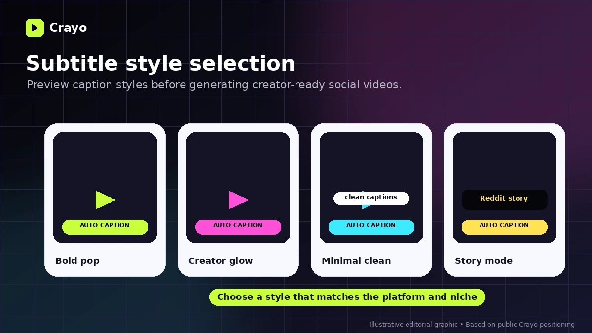 Crayo: subtitle style selection, showing how a buyer chooses a viral caption look before generation