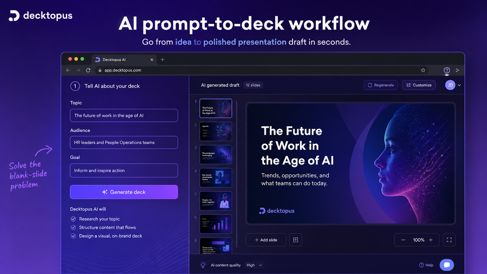 Decktopus AI: AI prompt-to-deck workflow, showing how a buyer starts a presentation from a topic and audience brief