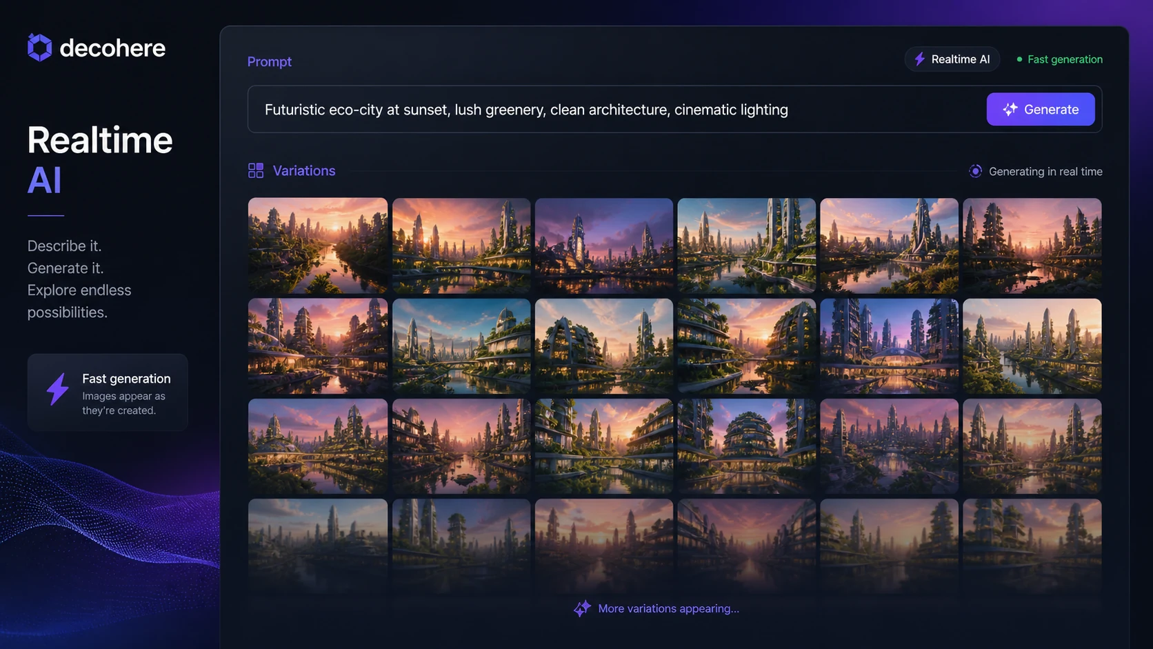 Decohere: realtime image generator, showing how a buyer tests prompt speed and visual variation before choosing a paid plan