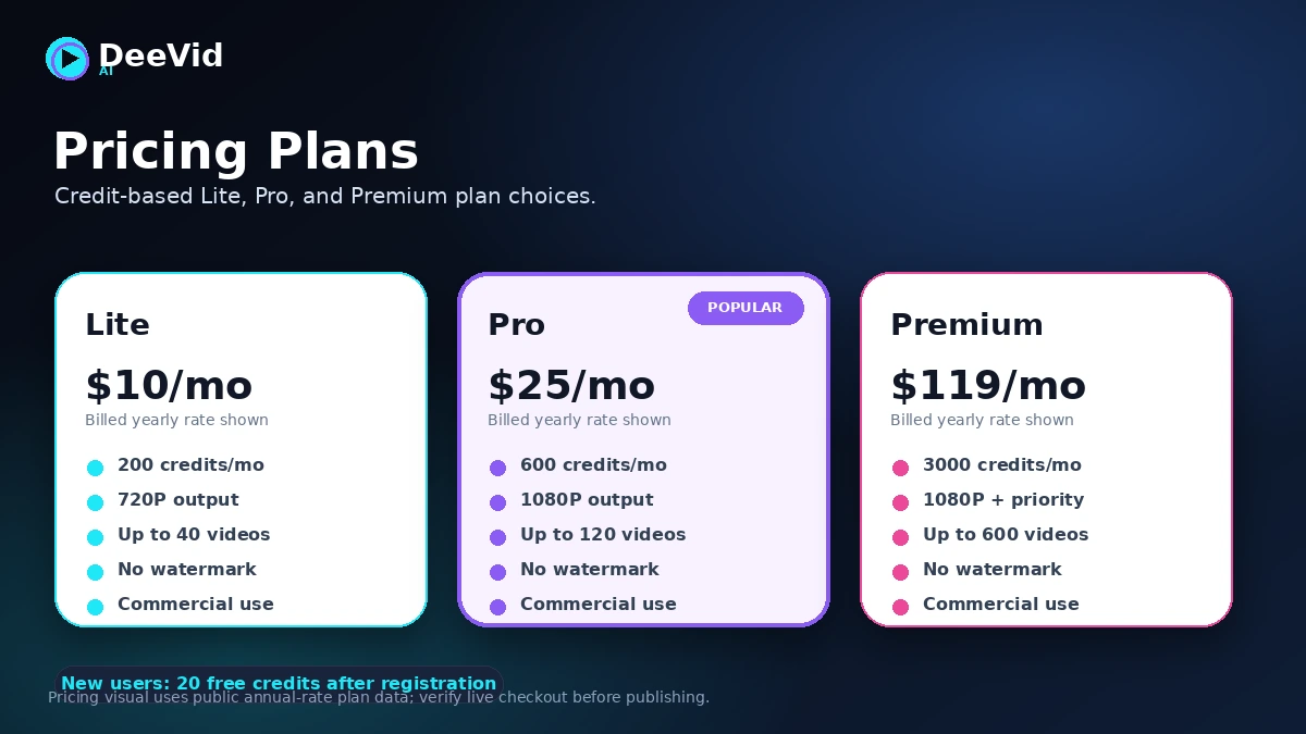 DeeVid AI: pricing plans, showing Lite, Pro, and Premium credit choices for video generation buyers
